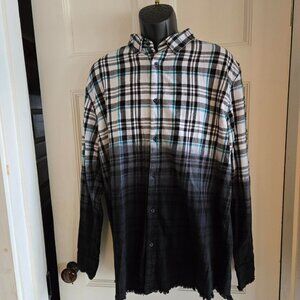 Mens Epic Studios Long Sleeve Button Up Ombre Black Shirt XL Gray Plaid